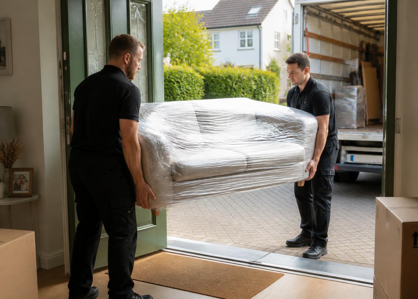 LoadLockGo movers carrying a wrapped sofa from a home into a removals van
